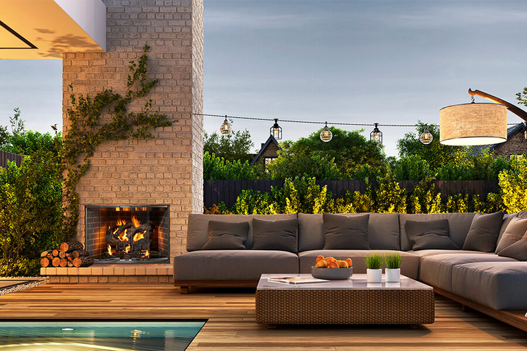 An outdoor gas fireplace from Outdoor Lifestyles by HHT